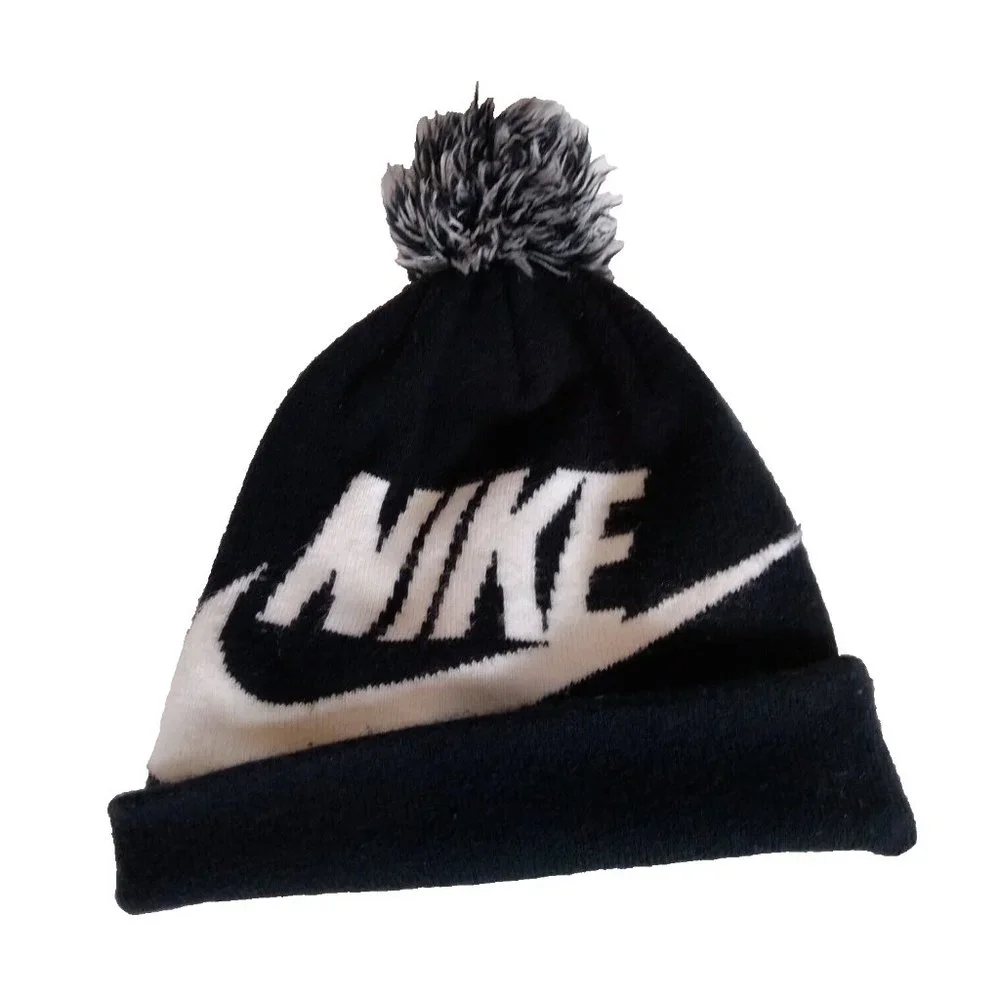 Nike Youth Knit Pom Beanie – Black & White Hat w/ Bold Logo – Sports Cap